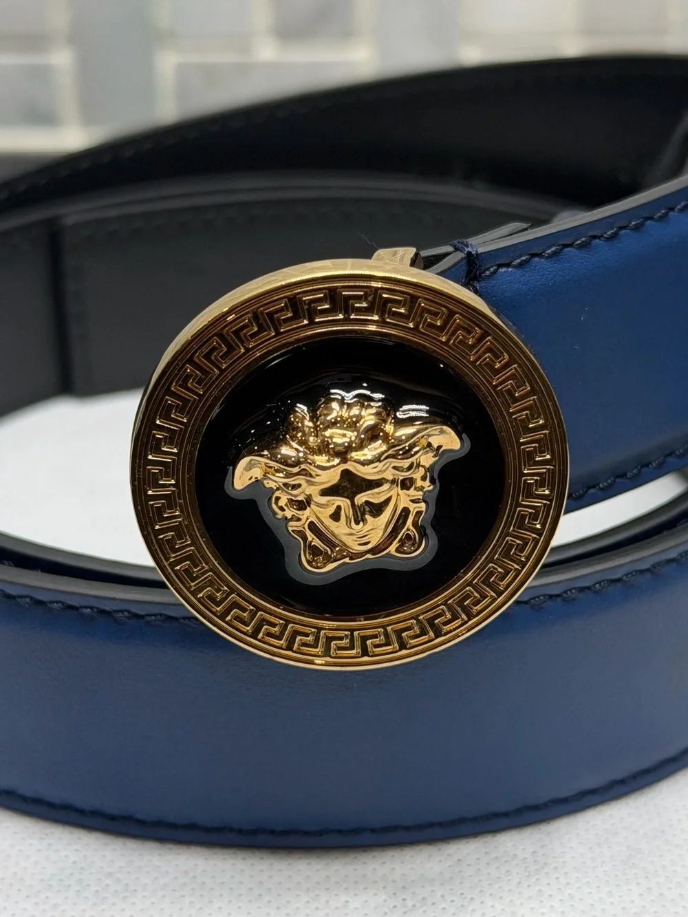 Versace Medusa Biggie Leather Belt Navy Blue Gold Buckle Size 85/34 NWT